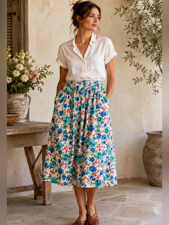Jos. A. Bank Dresses & Skirts - Vintage 90s Floral Rayon Midi Skirt | Hong Kong Cottagecore Garden Party